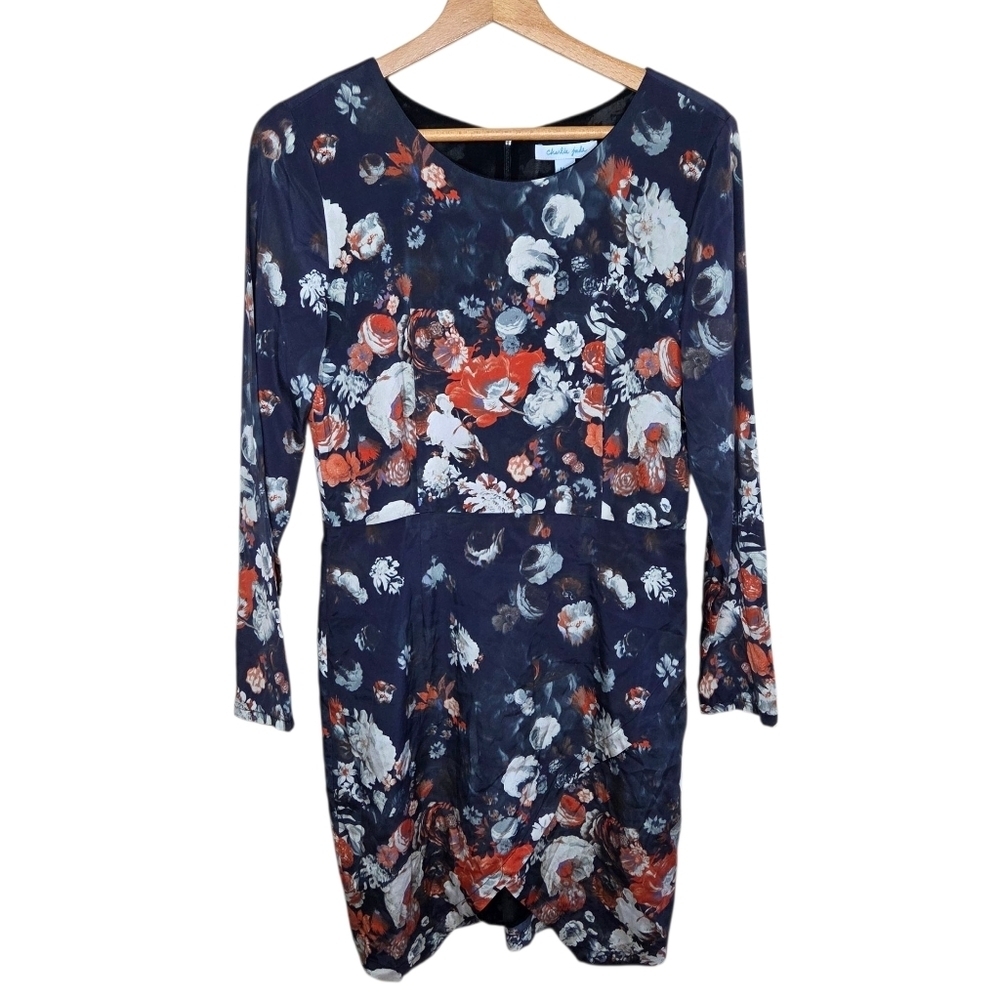 Anthropologie Charlie Jade Dark Gray White Orange Floral Long Sleeve Silk Dress